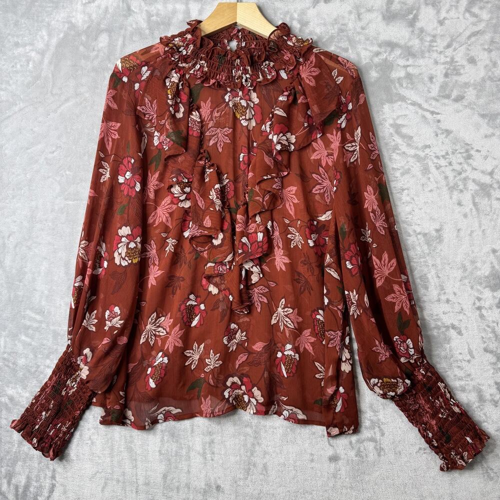 Eloquii Elements Blouse Womens 20 Brown Floral Ruffle Sheer Long Sleeve Boho Top